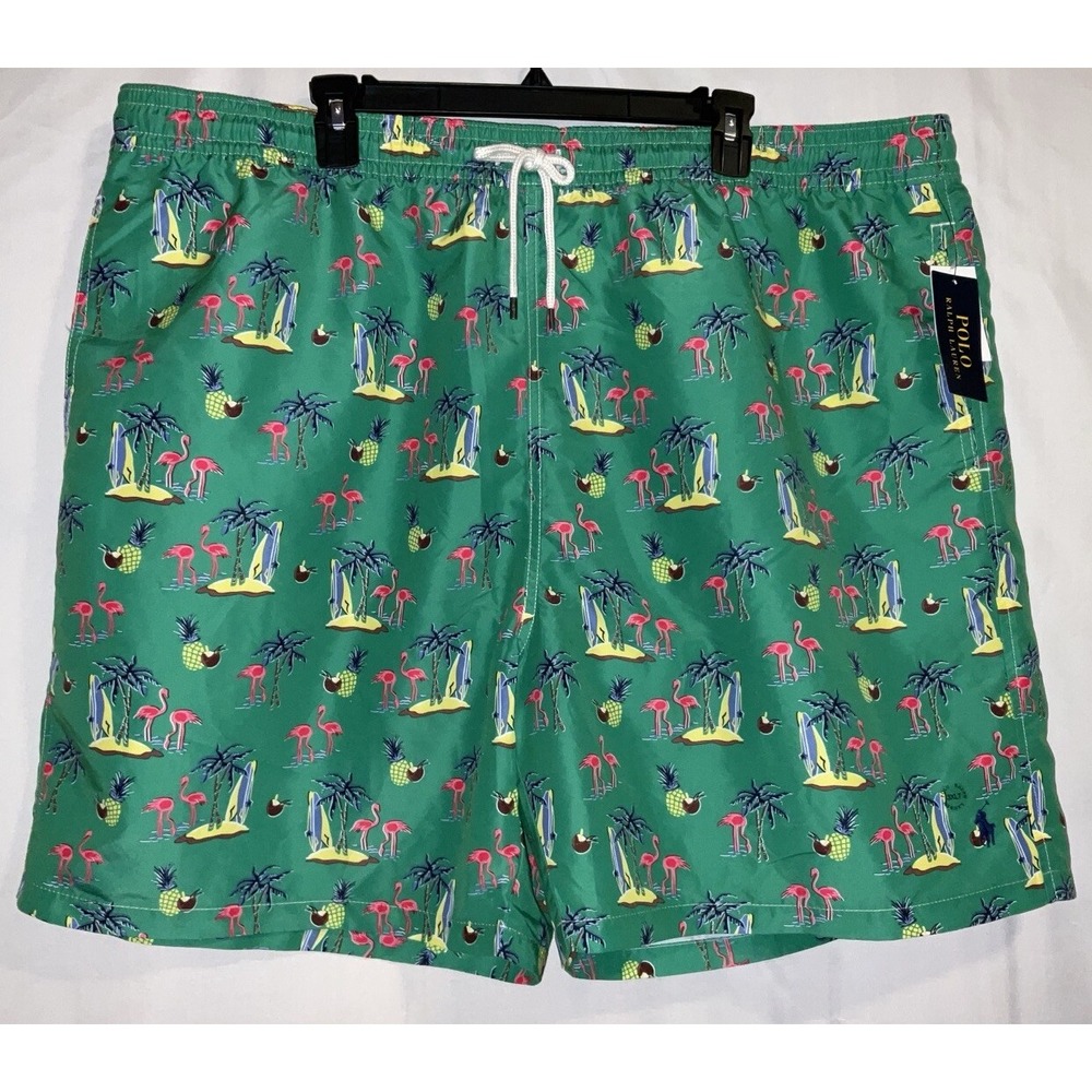 NWT Men's Polo Ralph Lauren Green Tropical Print Lined Swim Trunks 3XLT Tall